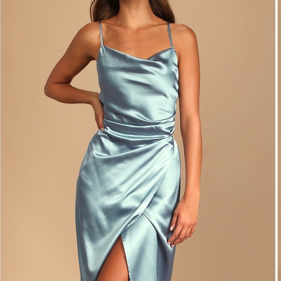 Lulus Dusty Blue Satin Midi Dress - size XS - new, never worn, with tags! - Picture 7 of 8